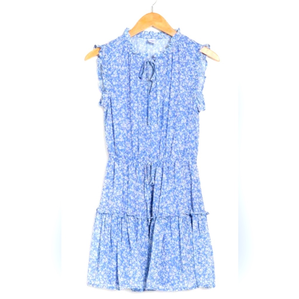 MELROSE AND MARKET Ruffle Tie Neck Mini Dress In Blue- White Mini Flower